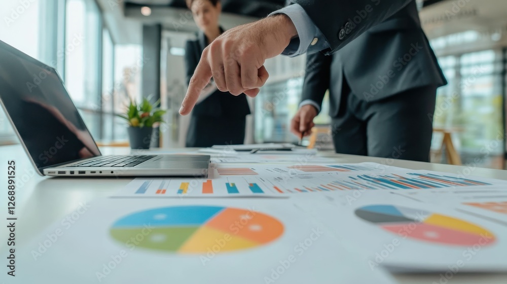Leinwandbilder business team engages in collaborative discussion with data analysis and charts in modern office set