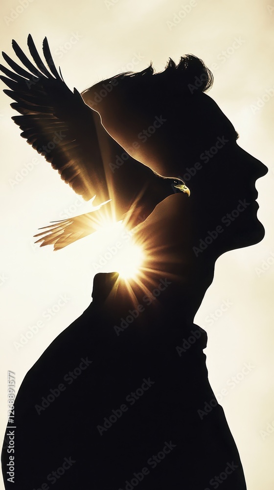 Leinwandbilder Dynamic silhouette of a man with a bird in flight at sunset creating an ethereal atmosphere
