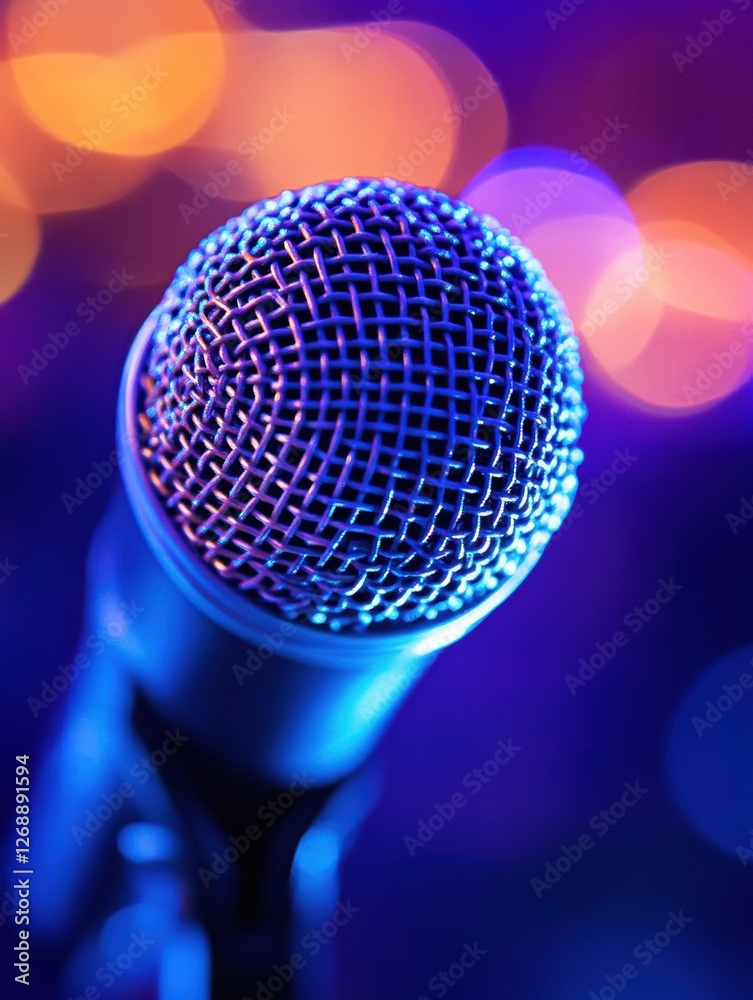 Poster close up of a microphone surrounded by vibrant colors at a performance venue in the evening. generat
