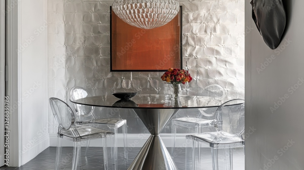 Poster stylish dining area featuring a metallic table and transparent chairs in a modern home setting