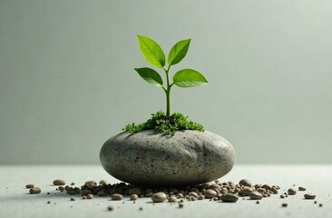 A green plant makes its way through a stone. The concept of life and growth, despite the difficulties 