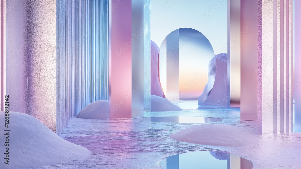 Poster gradient design showcasing icy elements with surreal reflections and pastel hues in an abstract land