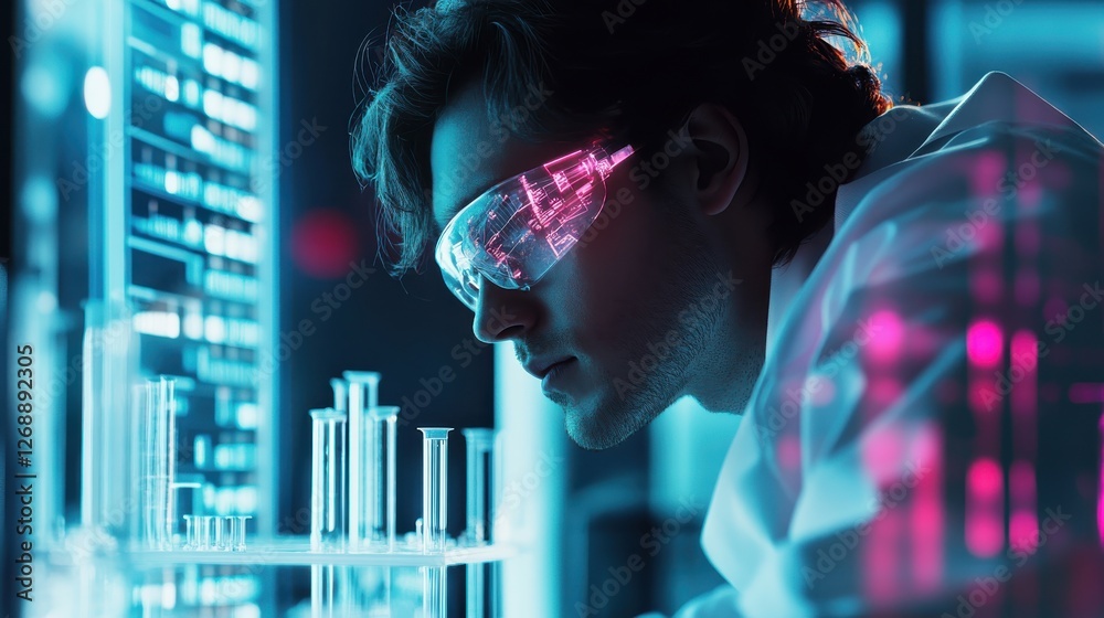Aufkleber conceptual representation of a glowing scientist examining lab equipment in a high-tech laboratory e
