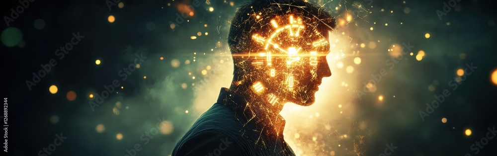 Poster conceptual representation of a glowing man signifying enlightenment and creativity in a dark, mystic