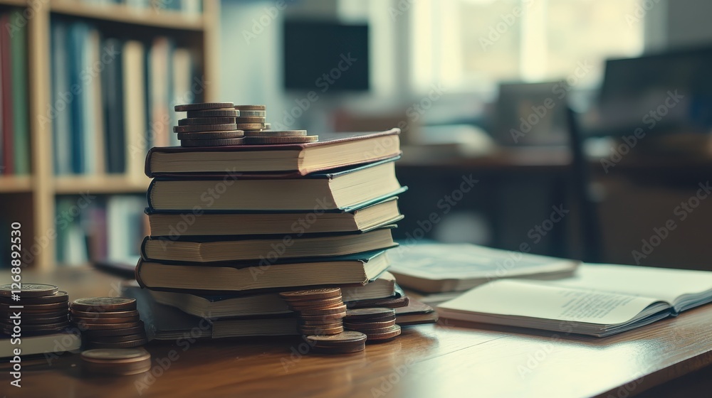 Poster educational books stacked with coins on a wooden desk in a bright library setting