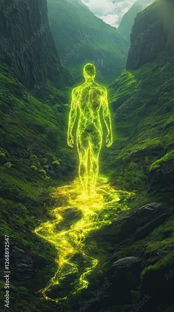 Poster Conceptual representation of a glowing figure walking through a mystical canyon surrounded by nature