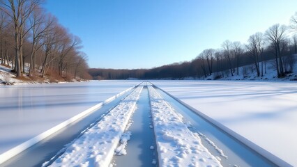 Obraz premium Family skating day, Frozen river bare trees blue sky skate marks intersect.