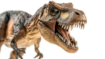 Obraz premium Menacing T-Rex figurine with sharp teeth, isolated and striking, conveying primal ferocity and raw power.