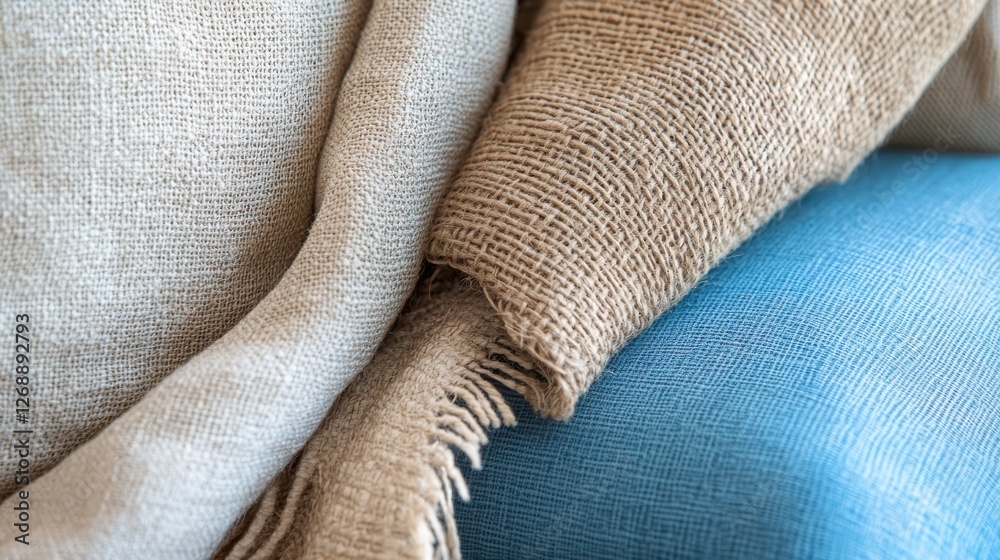 Poster Soft textures create a calming atmosphere with a blend of beige and sky blue fabrics in a cozy setting