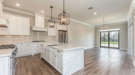 Fototapeta premium Bright and modern kitchen with marble countertops and open living space showcasing elegant design