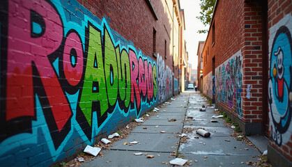 Fototapeta premium Vibrant street art in urban alley with scattered trash during daytime