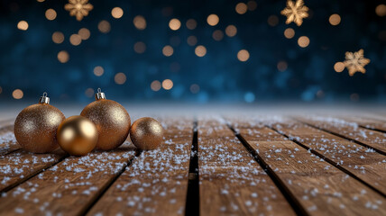 Festive Golden Ornaments on Wooden Surface - Sparkling gold Christmas ornaments rest on a snow-dusted wooden plank, set against a bokeh background of blue and gold lights