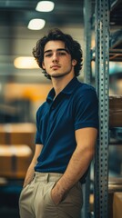 Fototapeta premium Young man in a warehouse setting, casually leaning against a metal shelf during afternoon lighting