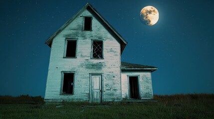 Abandoned House in Countryside Concept, Eerie Abandoned House Under Full Moon in Quiet Countryside at Night with Starry Sky