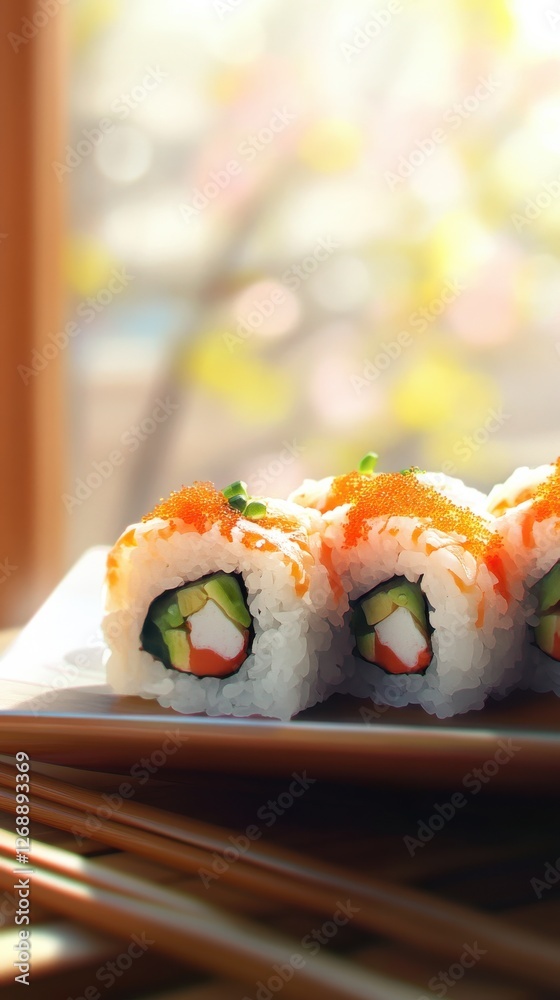 Poster close-up of vibrant sushi rolls arranged beautifully on a plate with soft natural light streaming th