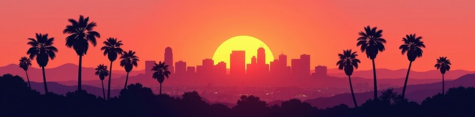 Fototapeta premium Iconic LA skyline, palm trees silhouette at sunset, los angeles, urban