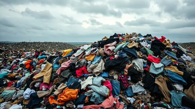 A massive landfill with piles of discarded clothes and waste, symbolizing environmental pollution, waste management, and overconsumption.