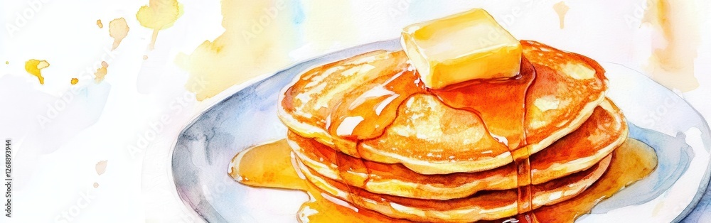 Poster delicious fluffy pancakes drizzled with syrup and topped with butter on a watercolor background