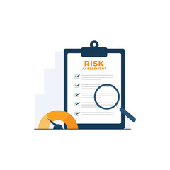 Clipboard with Magnifying Glass and Scale Vector Illustration. Risk Assessment Concept Design