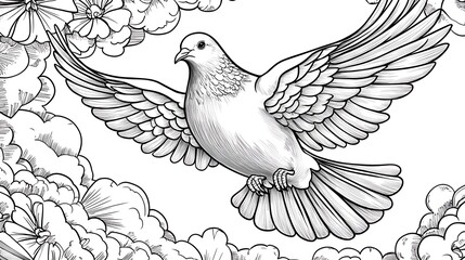 Fototapeta premium Elegant Flying Dove Surrounded by Flowers in Black and White Art
