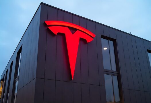 Tesla logo prominently displayed on the exterior wall.