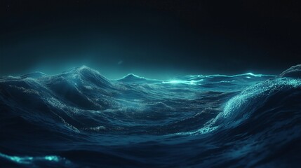 Fototapeta premium A mesmerizing display of synchronized bioluminescent plankton glowing in ocean waves at night.