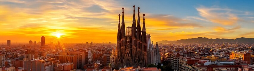 Obraz premium Breathtaking sunset view over the iconic and magnificent Sagrada Familia cathedral a famous landmark of Barcelona Spain
