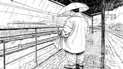 Man with Umbrella Waiting at Train Station in Rainy Weather