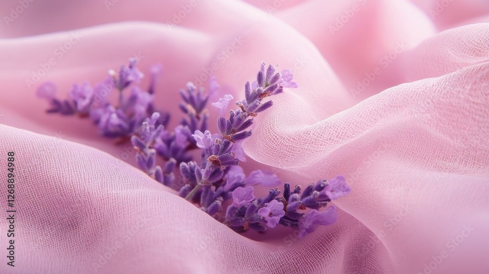 Poster pastel lavender intertwined with soft pink fabric creating a serene and gentle aesthetic
