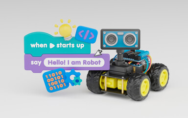 Block coding for kids teaching learning creative basics beginners remotely controlled automation robotic car vehicle programming education skill Technology STEM. 3d rendering.