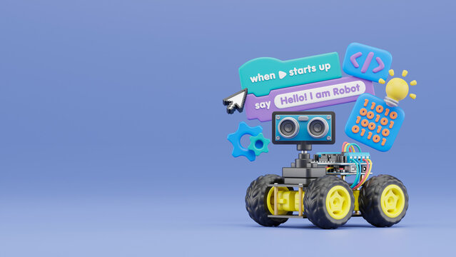Block coding for kids teaching learning creative basics beginners remotely controlled automation robotic car vehicle programming education skill Technology STEM. 3d rendering.