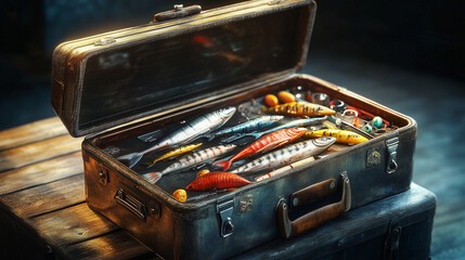 Open metal tackle box filled with fishing accessories,  lures and gear 
