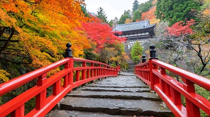 Vibrant Autumn Scene of Red Bridge and Colorful Foliage Pathway