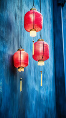 Obraz premium Red lanterns hanging against blue wall