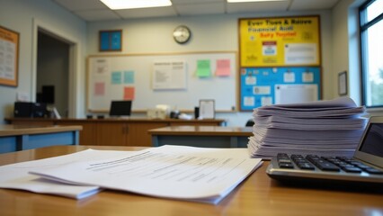Naklejka premium Financial aid form, Organized stack of financial aid forms with calculator