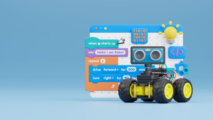 Fototapeta premium Block coding for kids teaching learning creative basics beginners remotely controlled automation robotic car vehicle programming education skill Technology STEM. 3d rendering.