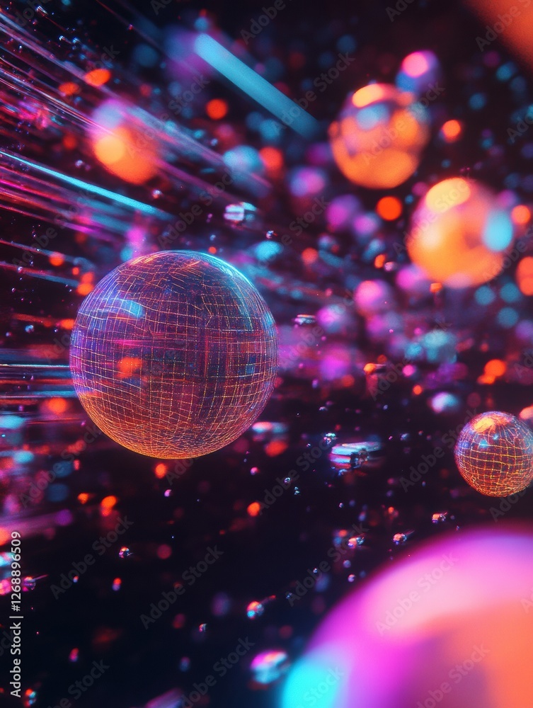 Poster Colorful digital spheres moving through vibrant streams of light in a cosmic representation of energy and space. Generative AI