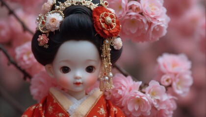Fototapeta premium A beautifully adorned Hina Matsuri doll in a red kimono with an ornate headdress, surrounded by pink cherry blossoms, symbolizing Japanese cultural tradition and elegance.