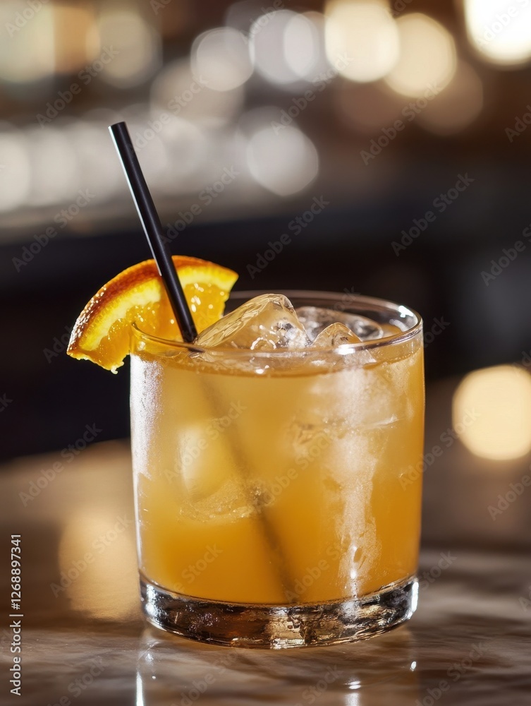 Poster freshly squeezed orange juice served in a glass with ice on a bar counter during a lively evening