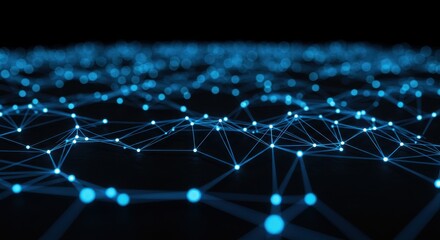 Obraz premium A futuristic network visualization with glowing blue nodes connected by thin light lines symbolizing connectivity