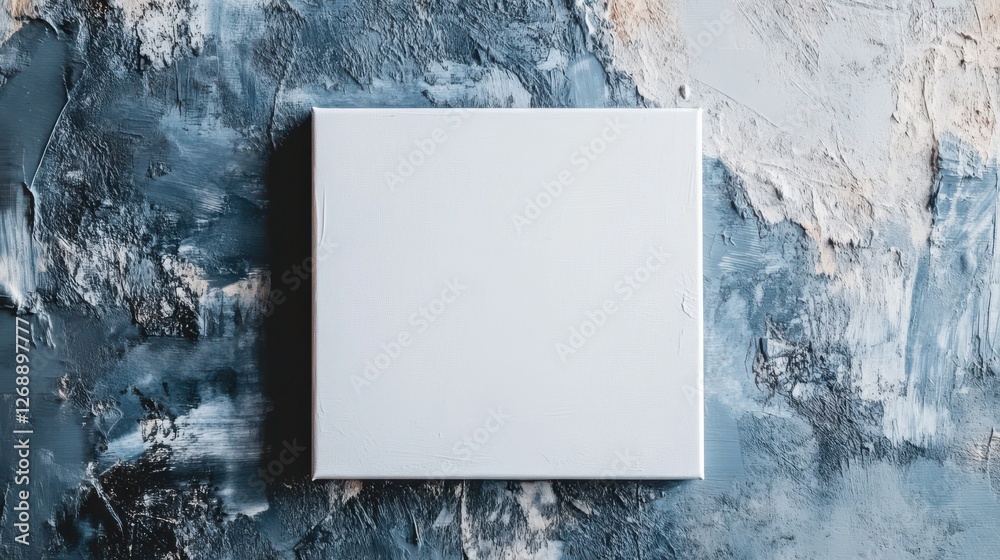 Poster abstract white canvas with faint pencil marks resting against a textured backdrop of blue and gray