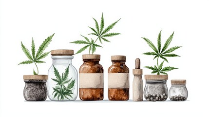 Fototapeta premium A variety of jars and bottles filled with cannabis leaves, showcasing herbal beauty and natural remedies with a clean, minimalist design.
