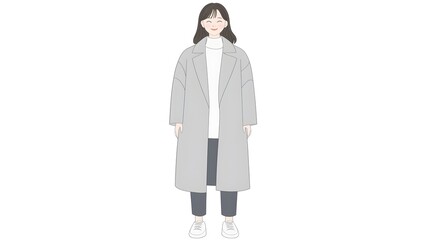 Stylish Woman in Gray Long Coat and Casual Outfit Smiling Brightly