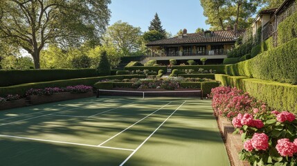 Elegant country club tennis court surrounded by manicured gardens and vibrant flowers in a serene setting