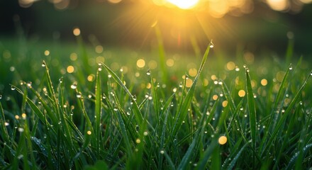 A serene close-up of green grass blades covered in morning dew sparkling under golden sunlight