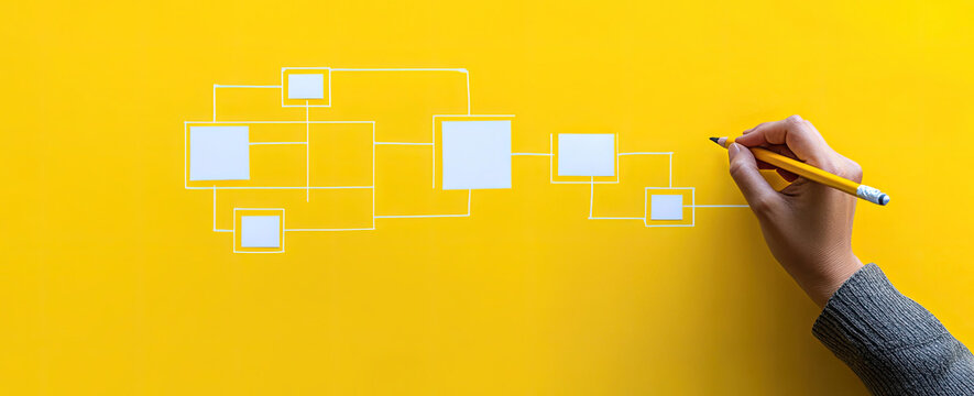 A hand draws a flowchart on a yellow background illustrating a process or workflow