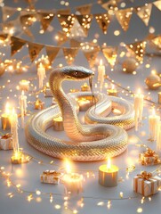 A mystical golden snake surrounded by candles and festive decor.