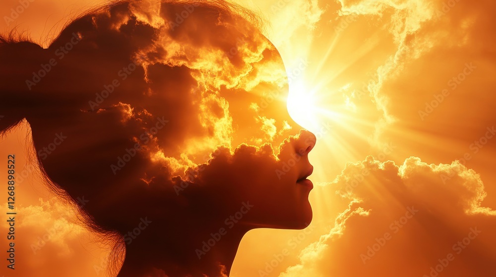 Aufkleber child's profile illuminated by golden sunlight with clouds, capturing imagination and wonder in a se