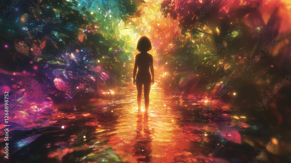 Poster child radiates warmth and light while standing in a vibrant, colorful forest at twilight creating a 