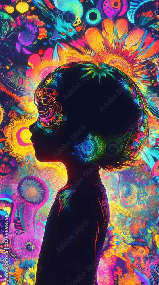 Aufkleber vibrant child's silhouette surrounded by abstract colorful patterns and shapes evoking imagination a